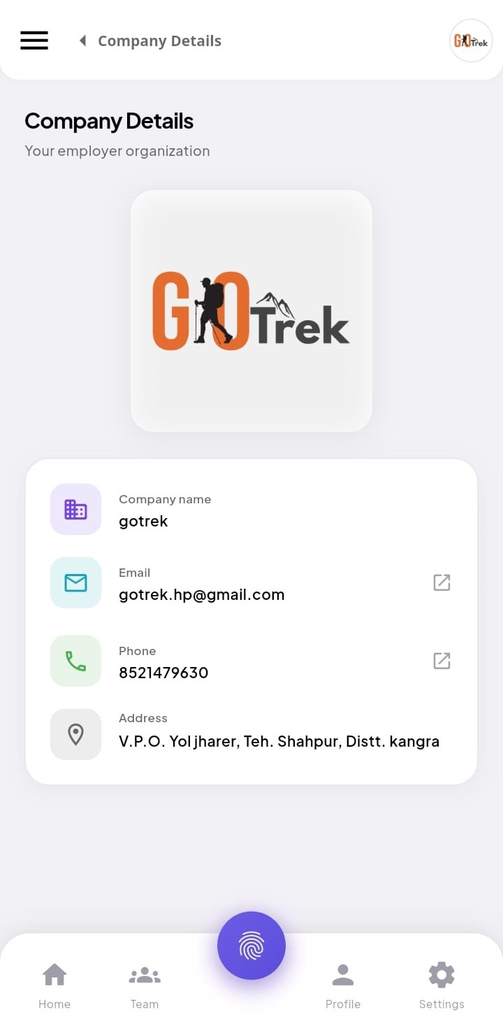 PayrollX employee app company details screen